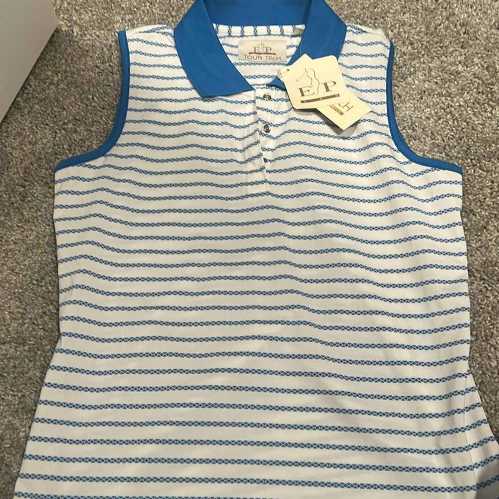 Women’s golf shirt. Teal collar and stripes.